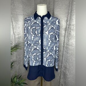NEW Alfred Sung Paisley Print Button Up Blouse Top Navy Blue & White Sz Medium